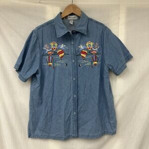 Passion Womens Medium Hot Air Balloons Embroidered Button Front Denim Top Cotton